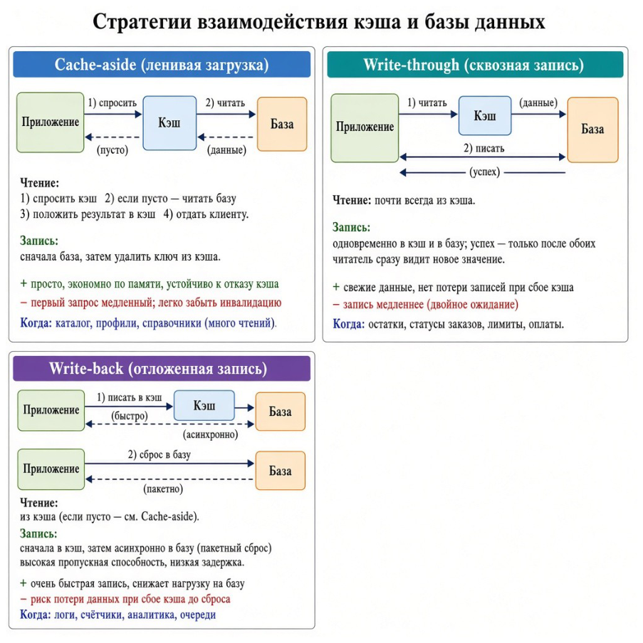 Рисунок 3. Сравнение стратегий cache-aside, write-through, write-back и write-around